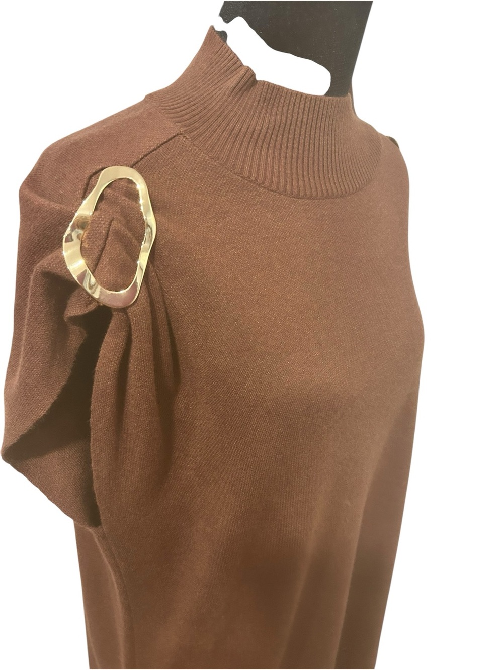 Anthropologie new Maxi knit dress large brown &gold Buckle Draped Mock Neck chic - Picture 12 of 16